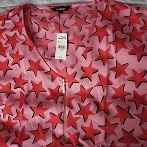 Express Pink V-Neck Blouse with Red Stars